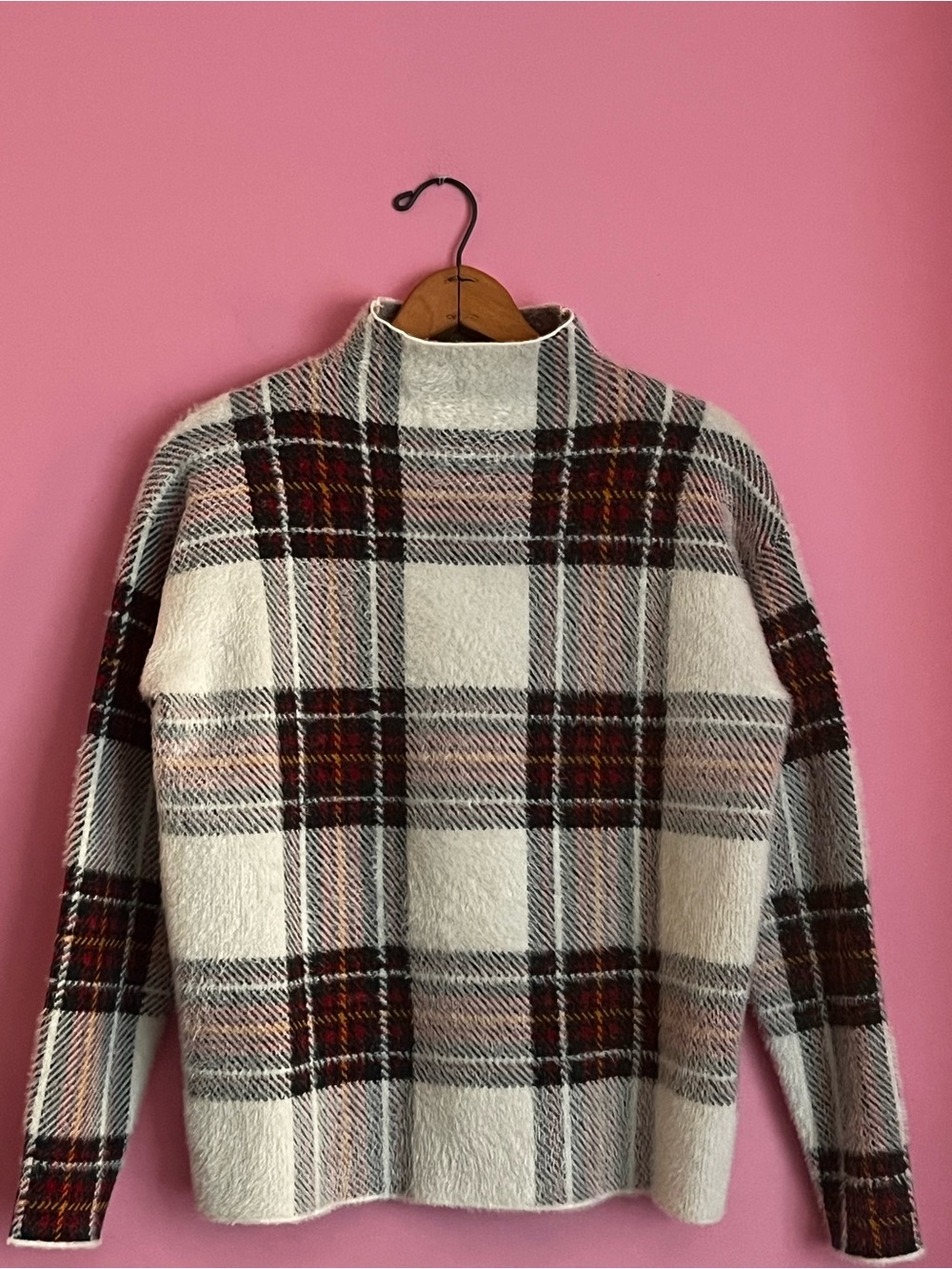 Tahari Cozy Plaid Funnel-Neck Women's Sweater - Cream and Burgundy Size S NWOT